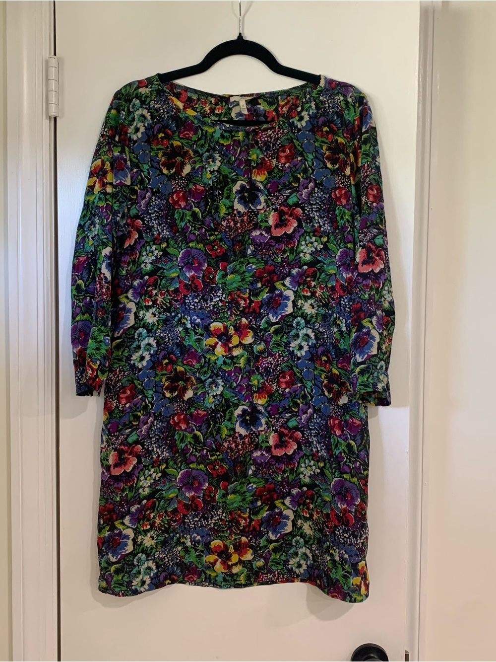 Joie 100% Silk Floral Multicolor Shift Dress Dark Quarter Sleeve Size M